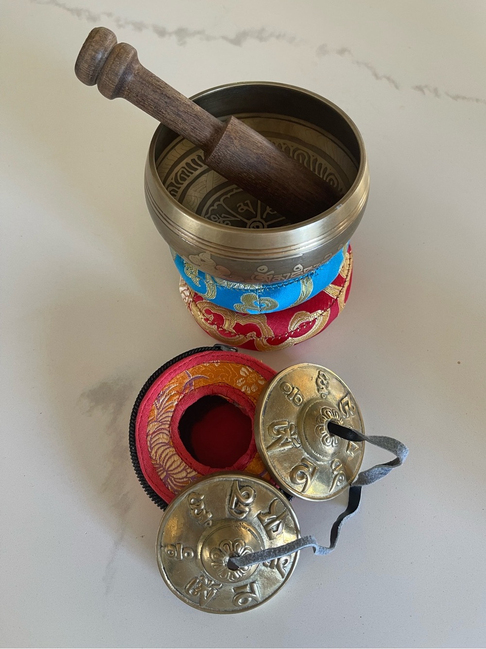 Brass Tibetan Singing Bowl Set with Striker and Tingsha Cymbals - Red & Blue